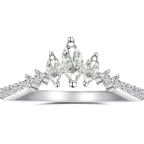 Tiara Marquise Cut Diamond Ring Crown Dainty Curved Sterling Silver - Picture 6 of 6